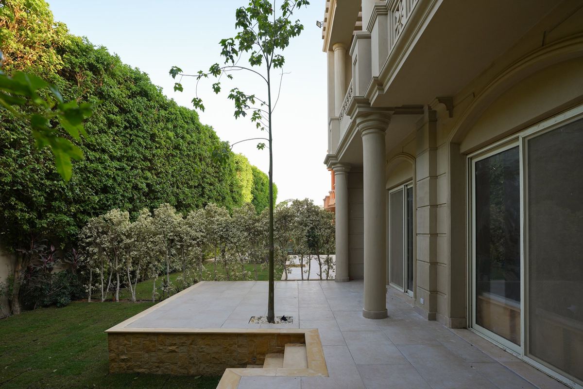L-Villa II garden: stone terrace, a young tree in a raised planter and a lawn framed by tall hedges