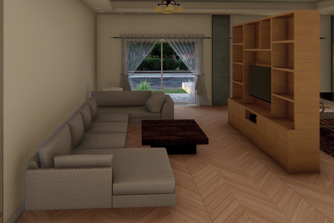 3D concept of the L-Villa living room: corner sofa, garden window and a timber shelving divider