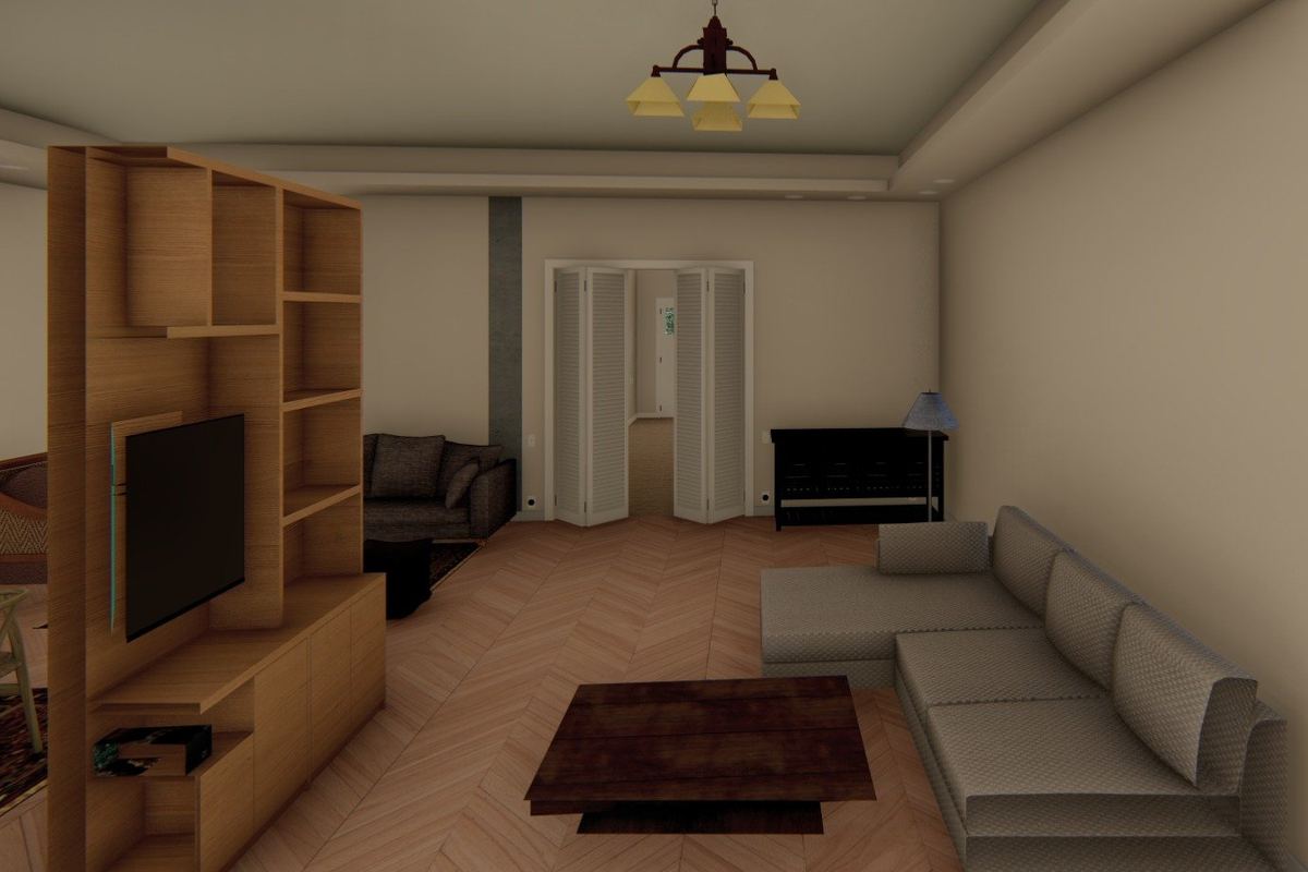 3D concept looking back across the living room: shelving divider, sofa and the doorway beyond
