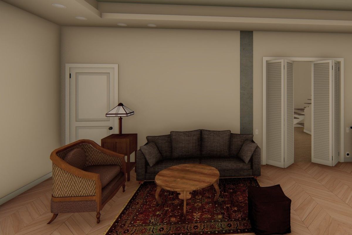 3D concept of the sitting room: sofa between a door and the opening to the stairs