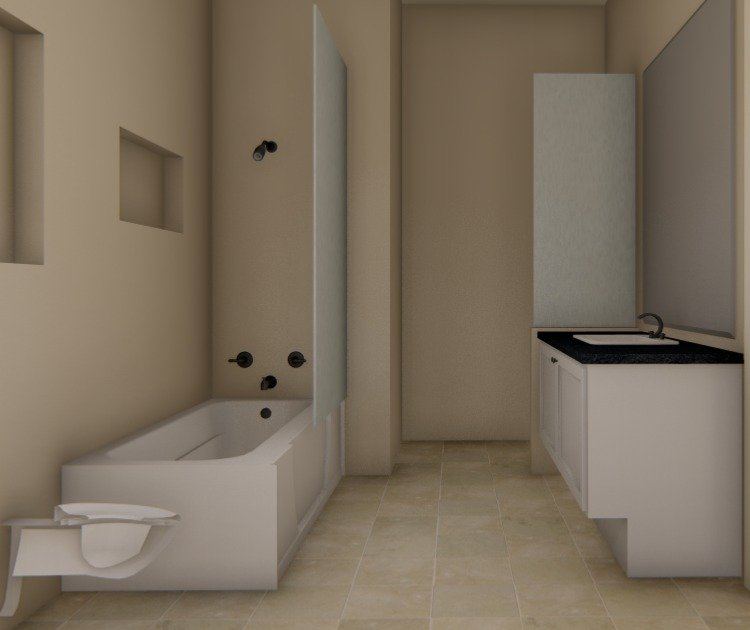 3D concept of the bathroom: bathtub, wall niches and vanity