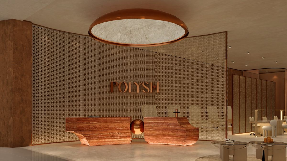 3D concept of the Polysh reception: curved wall with the POLYSH sign and the terracotta desk