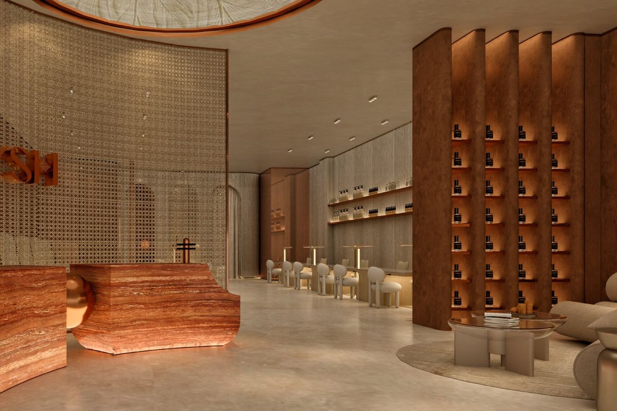 3D concept: the reception desk with the terracotta shelving column behind it
