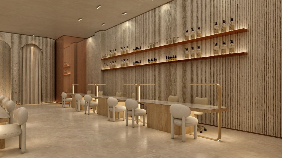 3D concept of the nail bar: long tables, arched niches and warm shelving