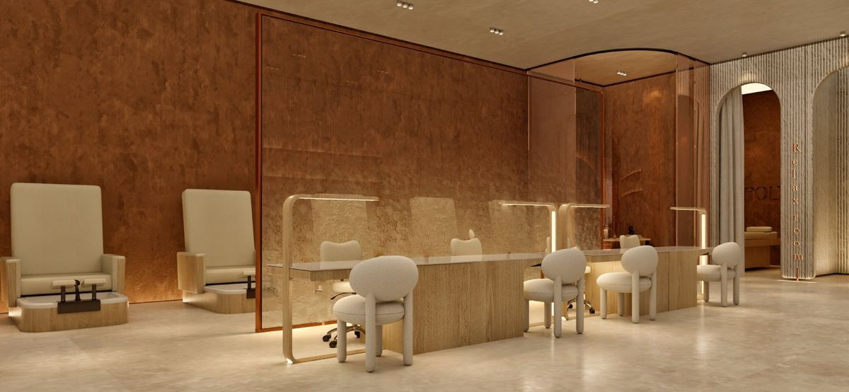 3D concept: pedicure chairs beside the nail bar and the glass partition