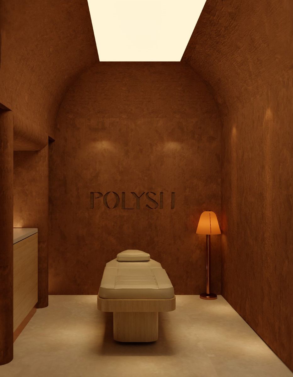 3D concept of the vaulted massage room with the POLYSH sign
