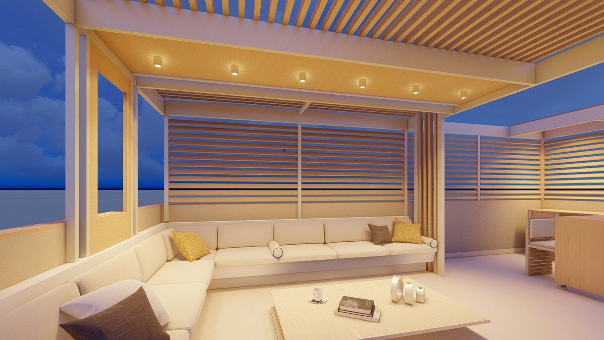 3D concept from inside the pergola: L-shaped couch and ceiling spotlights