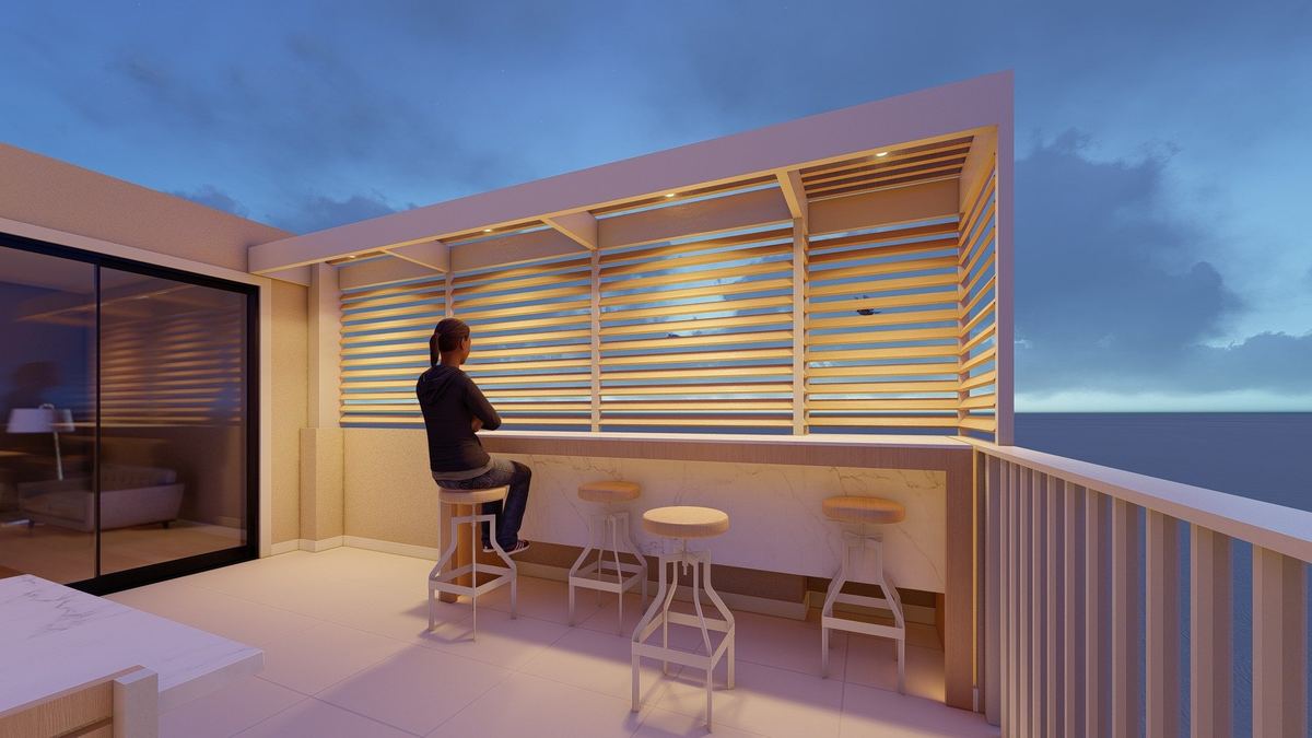 3D concept of the bar with stools against the timber screen