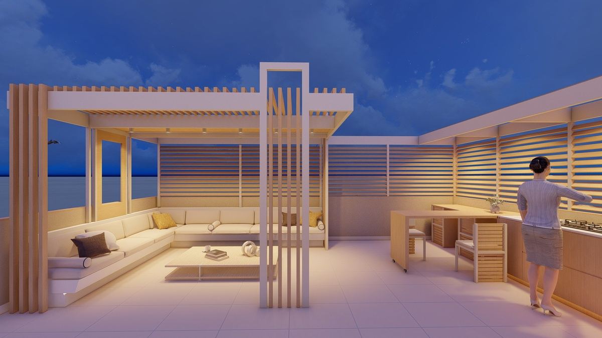3D concept: the pergola and the outdoor kitchen along the timber screen