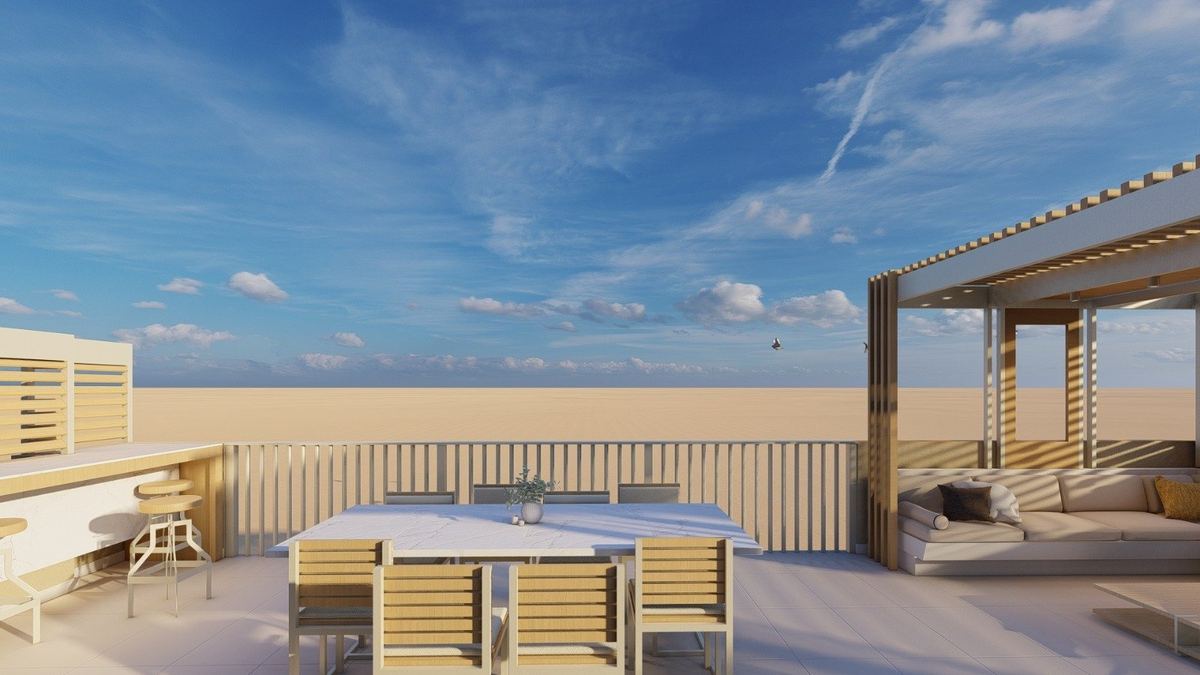 3D concept of the whole terrace: bar on the left, pergola on the right
