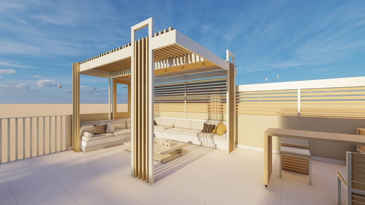 3D concept of the rooftop pergola over the built-in seating